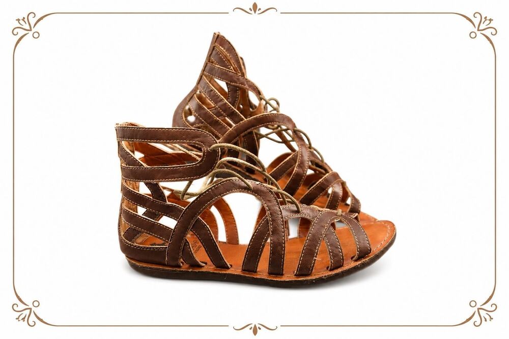 Crown Vintage Women's Brown Leather Lace Up Gladiator Caged Sandals Size 8.5